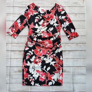 WHBM Red Black Print Draped Neck Dress